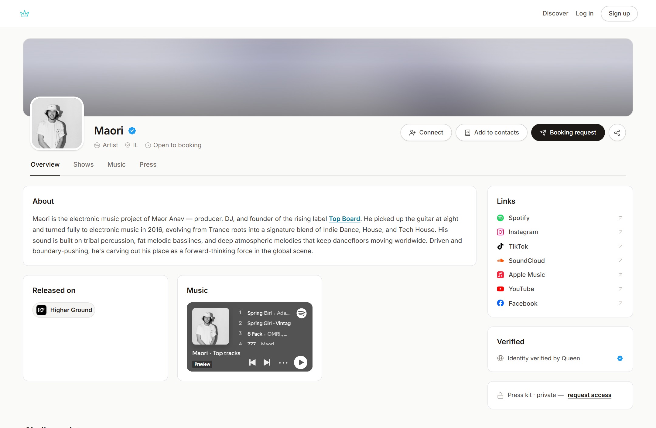 Public artist profile with verified badge, links and top tracks