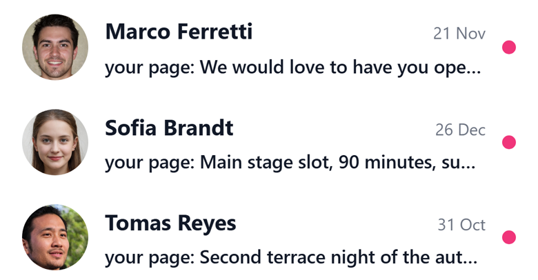 The inbox on a phone: booking requests from Marco Ferretti and Sofia Brandt, unread